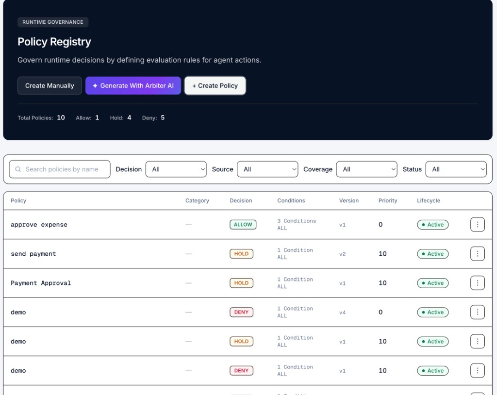 Arbiter Policy Registry with allow, hold, and deny decisions, conditions, and priorities
